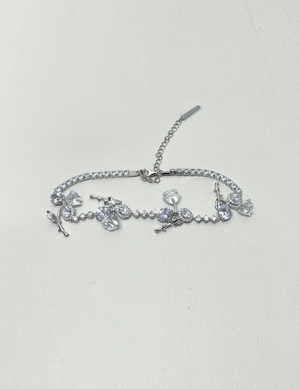 FLOWER CHAIN CLEAR ROSE NECKLACE_SILVER